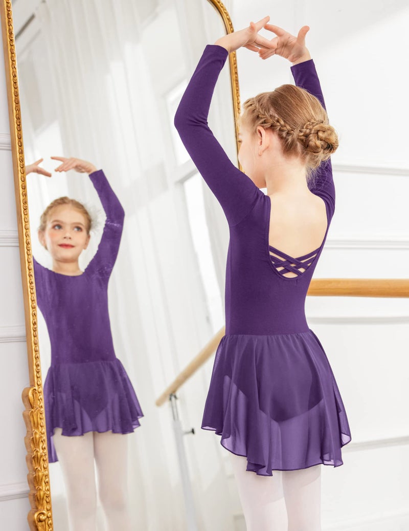 Arshiner Kids Girls Classic Long Sleeve Leotard Dance Ballet Dress Dark Purple - Image 3